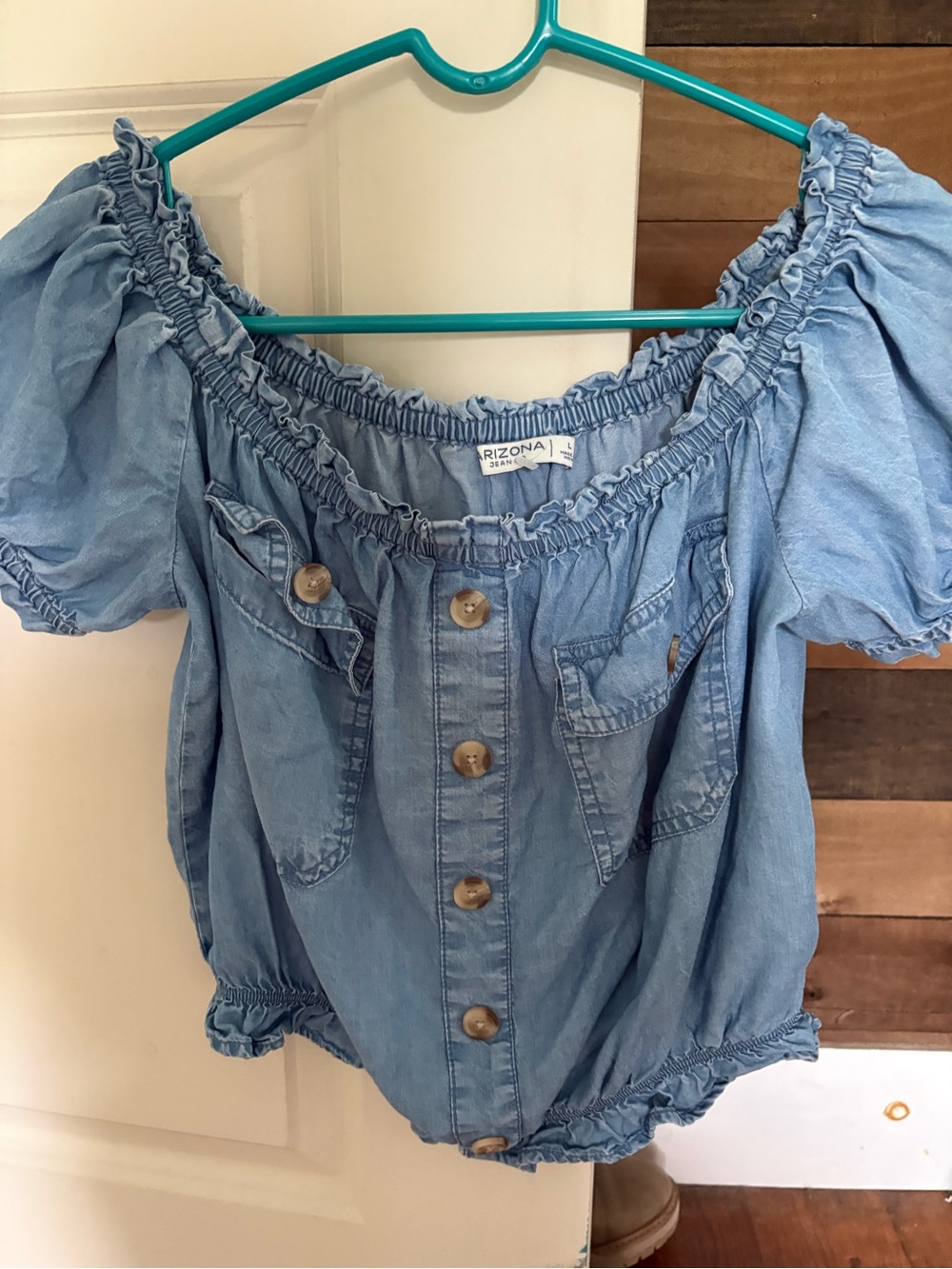 Arizona Jean Company Light Chambray Off-Shoulder Button-Front Top